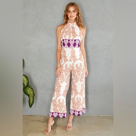 (70279-DAM-WHT) DAMASK PRINT PALAZZO HALTER OPEN BACK JUMPSUIT - Picture 1 of 3